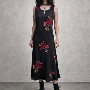 J.W. Treci Slip Dress Black Size 8 Vintage 90s Midi Sleeveless Roses Lightweight